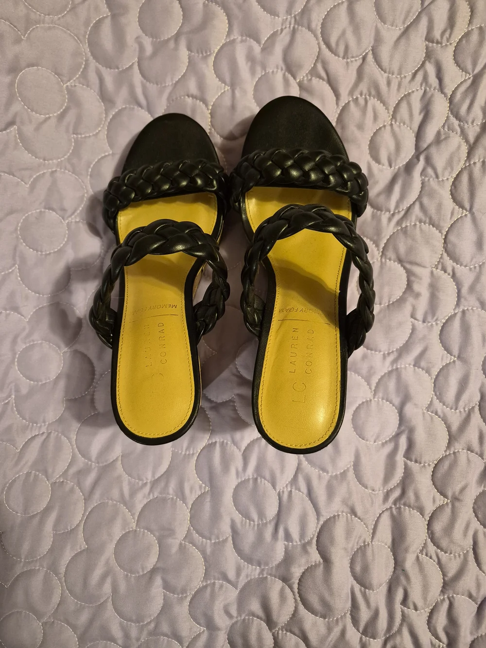 LC Lauren Conrad Black Braided Platform Wedge Sandals with Yellow Insole